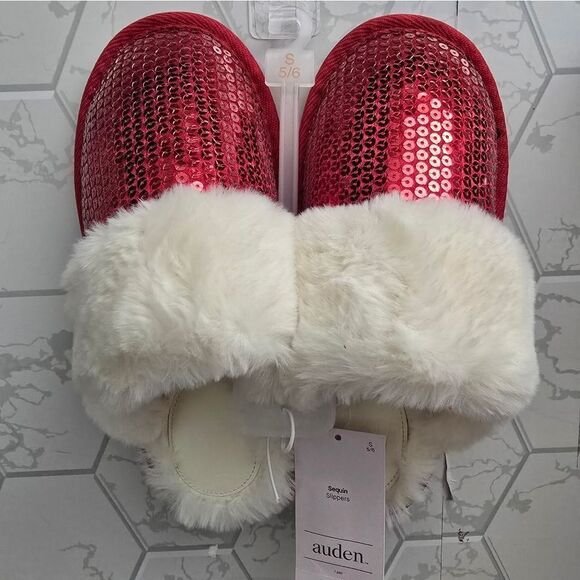 Auden Womens Rae Sequin Scuff Slippers Red S 5/6 - Picture 1 of 7